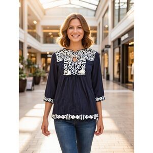 Lucky Brand (Large) Navy Floral Embroidered V-Neck Boho Blouse Top